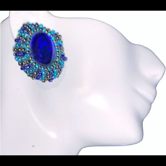 Hand beaded royal blue glass cabs turquoise gold glass bezel pierced earrings - Picture 2 of 13